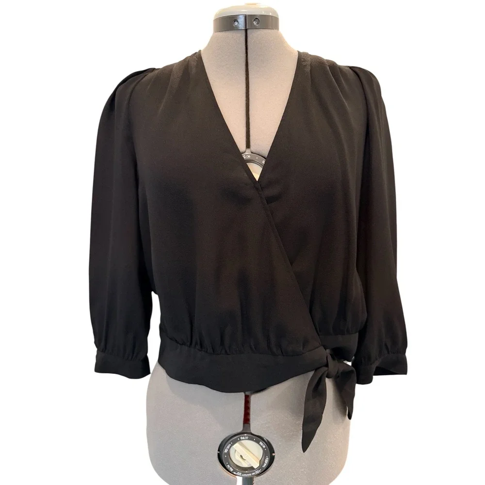 Madewell 100% Silk Black Wrap Blouse Side‎ Tie Cropped V-Neck Top Classic Glam